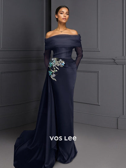Off-the-Shoulder Mermaid Gown | Sheer Sleeve Crystal Floral Appliqué Evening Dress