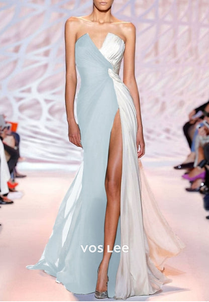Sweetheart Color blocking Split Evening Dress Chiffon Sheath Formal Gowns