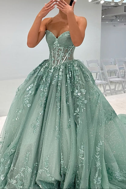 Beautiful A Line Sweetheart Green Corset Prom Dress with Appliques