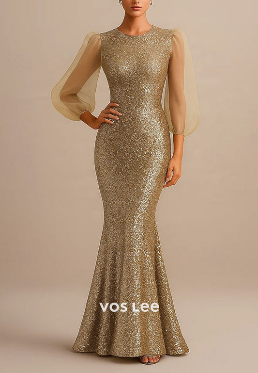 Sequined with Glitter Mermaid Floor Length Evening Gown With Sheer Long Sleeve
