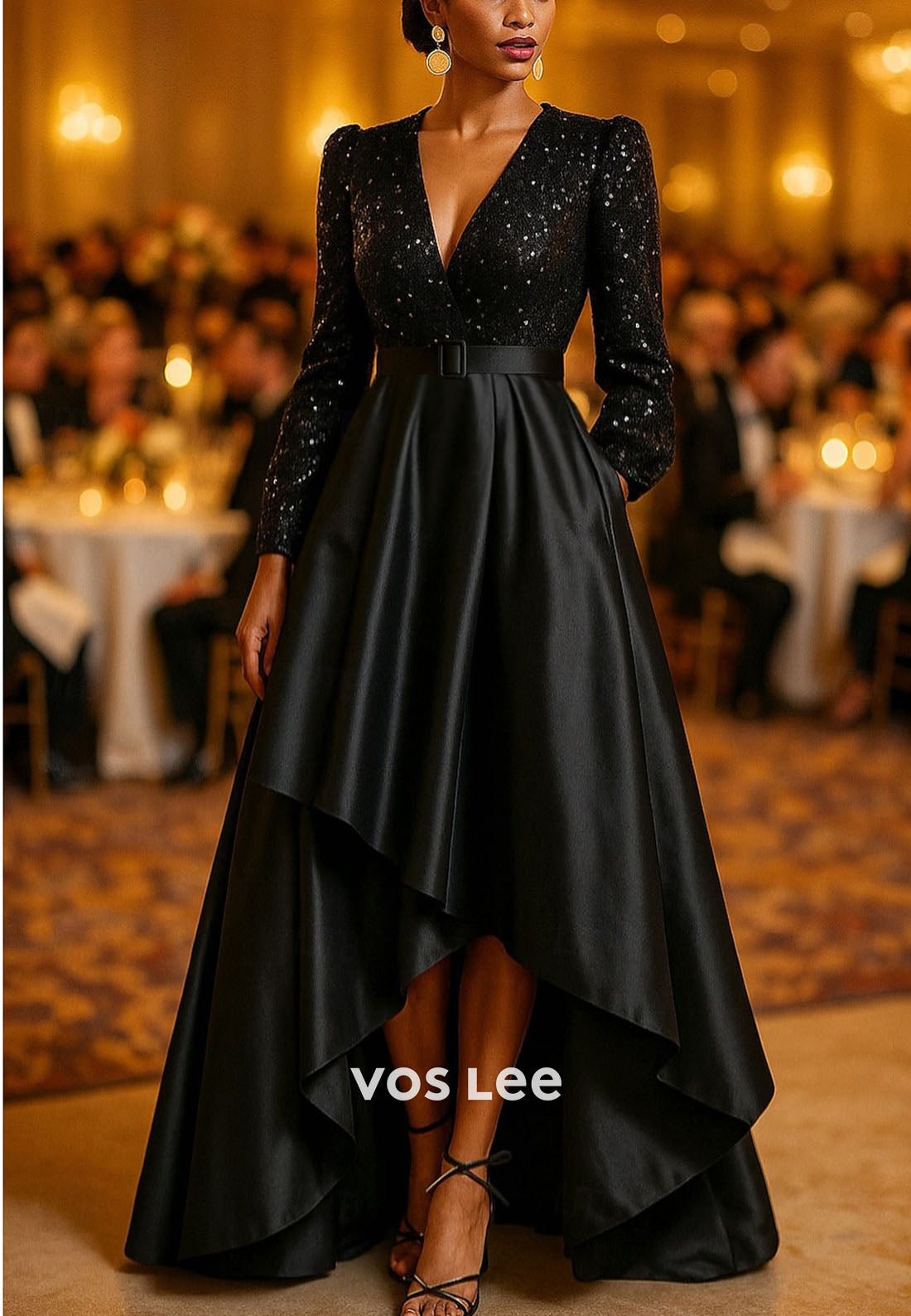 Elegant Sparkle Silky Sequined Long Sleeve V Neck A-Line Asymmetrical Evening Gown