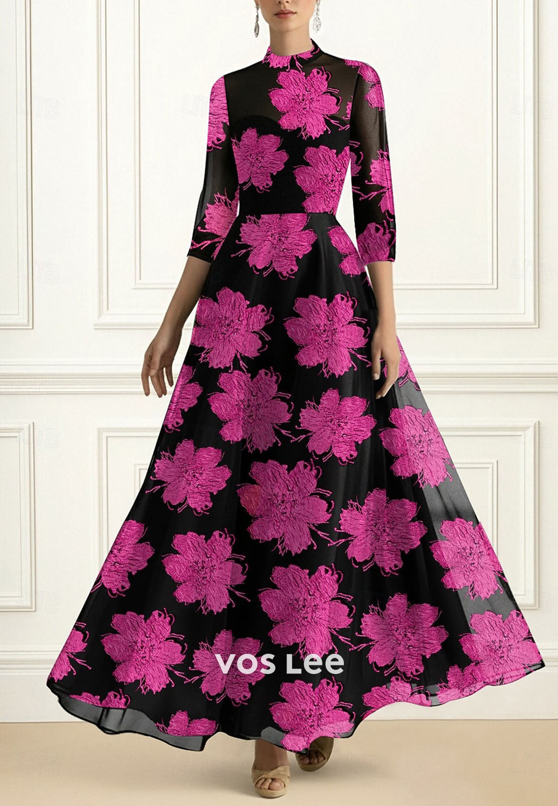 Semi Formal 3_4 Length Sleeve with Floral Print A-Line Evening Dress