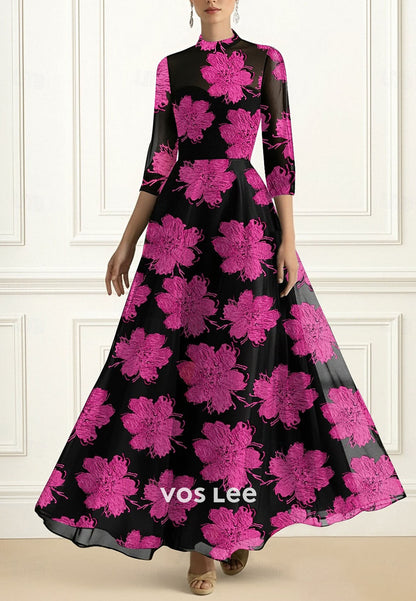 Semi Formal 3_4 Length Sleeve with Floral Print A-Line Evening Dress