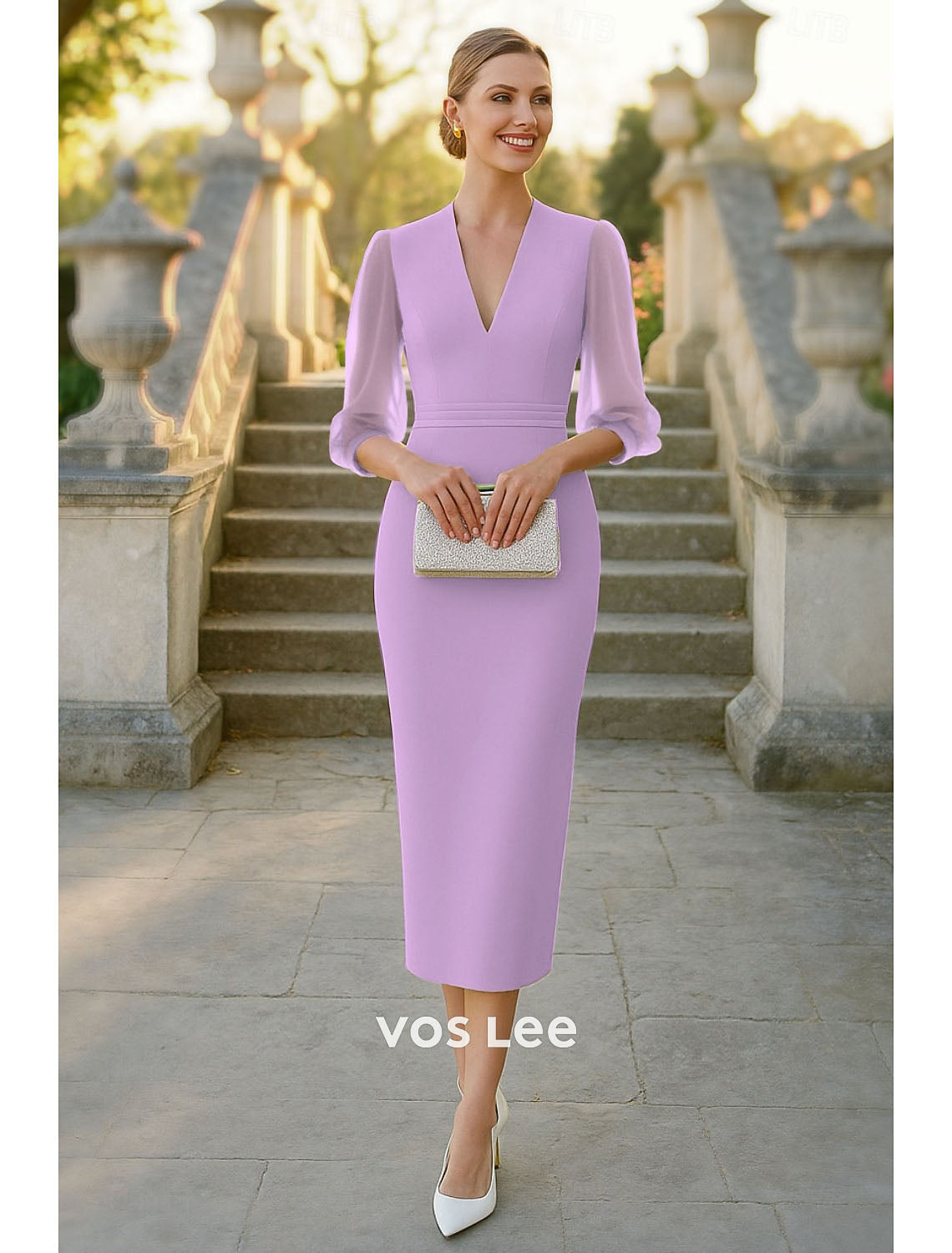 Lavender Sheath Wedding Guest Dress V-Neck Sheer Chiffon Sleeve Midi Dres