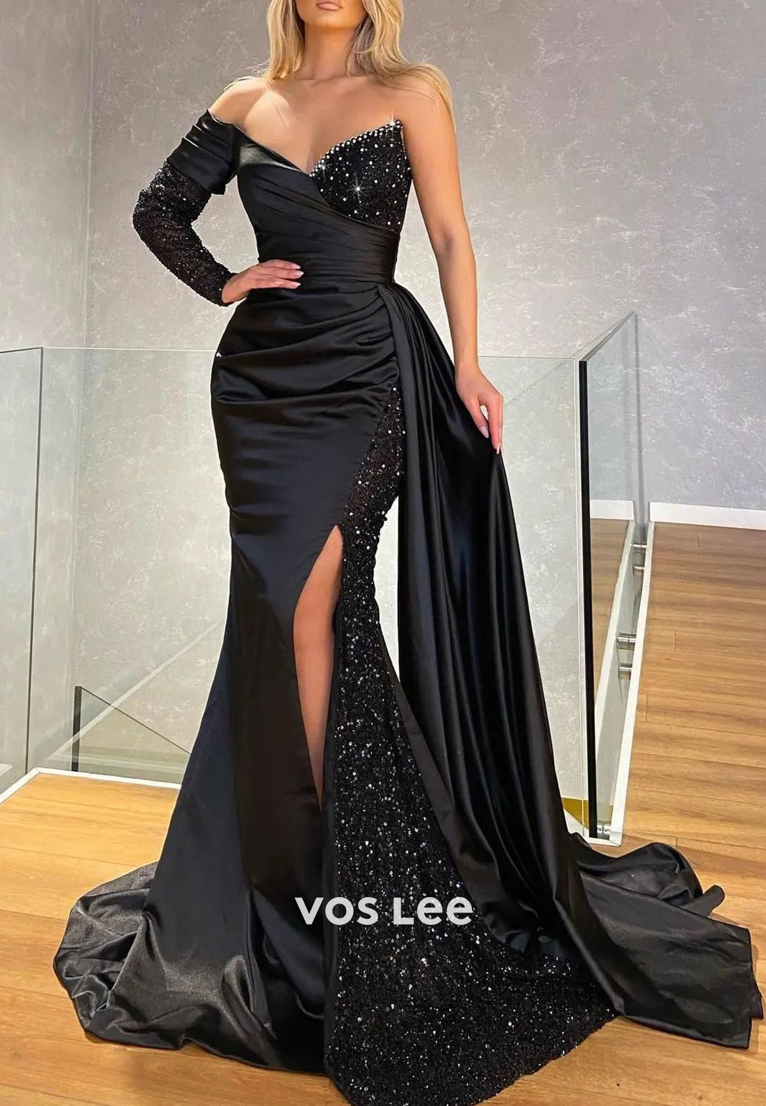 Couture Long Sleeve Strapless One Shoulder Mermaid Evening Dresses with Court Train