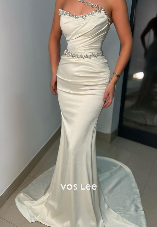 Classic & Timeless One Shoulder Rhinestone Pleated Mermaid Evening Dresses with Sweep Train