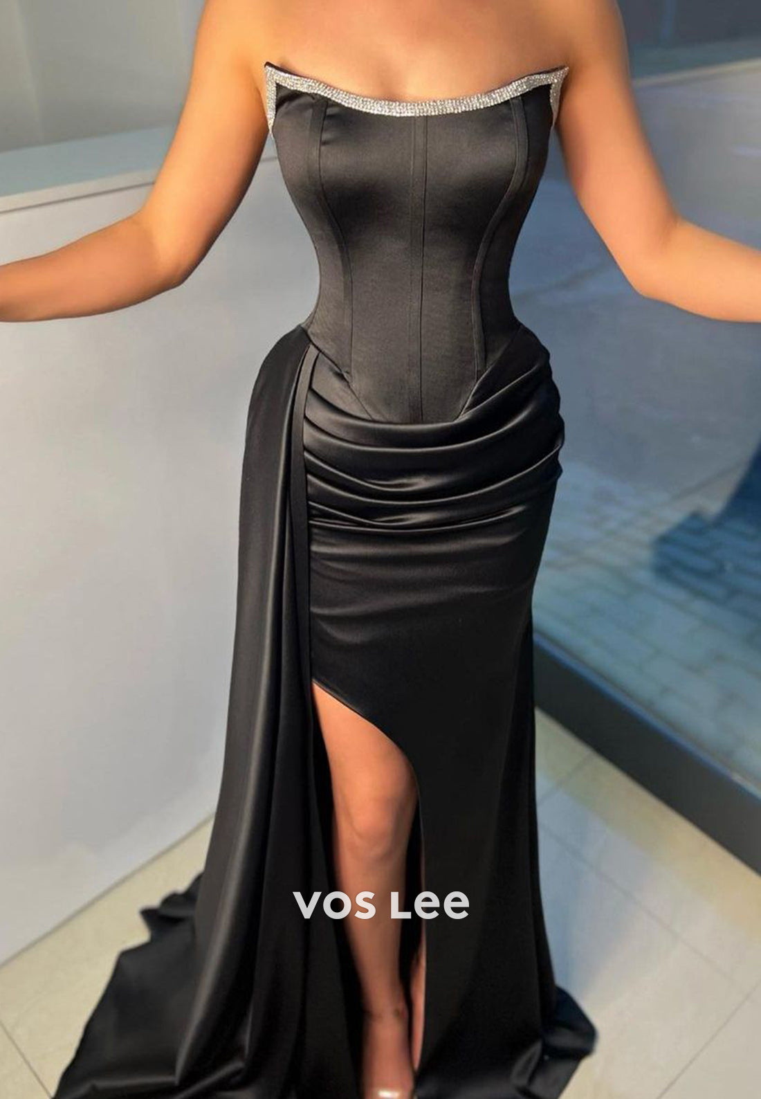 Couture & Ornate Strapless Pleated Rhinestone Mermaid Evening Dresses with Side Split