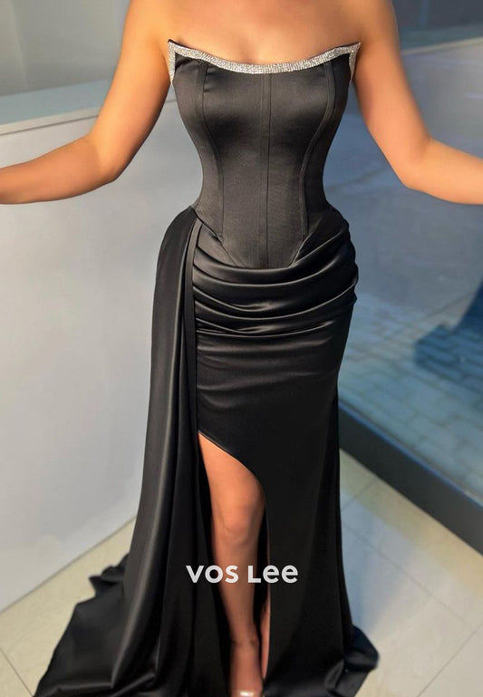 Couture & Ornate Strapless Pleated Rhinestone Mermaid Evening Dresses with Side Split