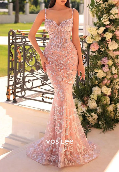 Spaghetti Straps Floor-Length Appliques Lace Mermaid Evening Dresses with Sweep Train