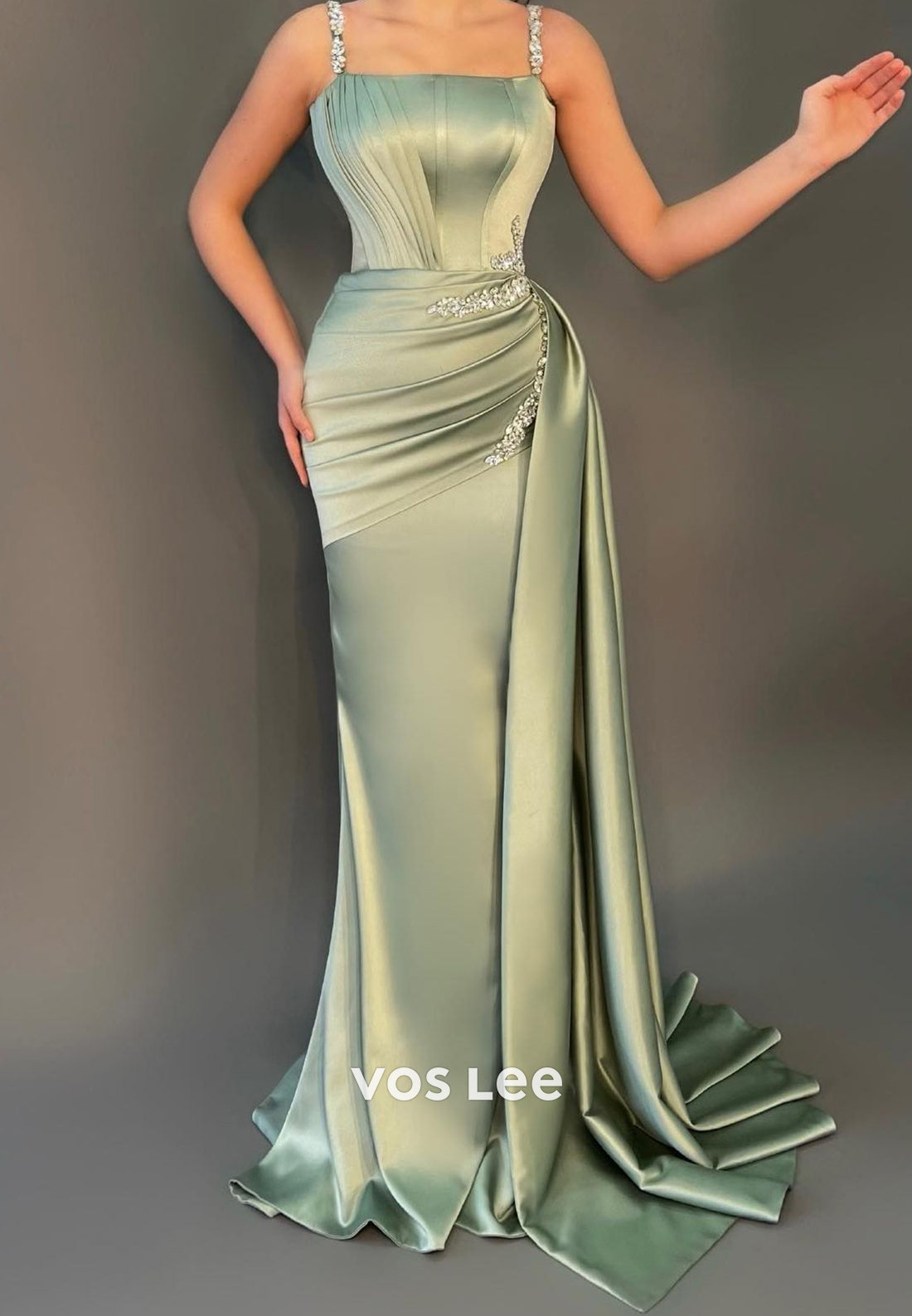 Classic Spaghetti Straps Pleated Rhinestone Mermaid Evening Dresses with Sweep Train