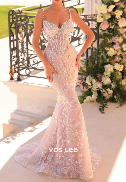 Spaghetti Straps Floor-Length Appliques Lace Mermaid Evening Dresses with Sweep Train