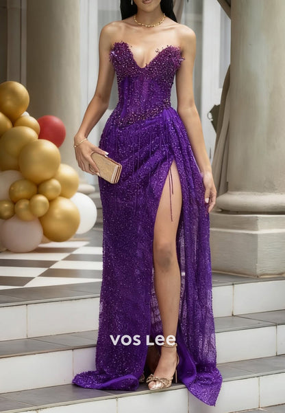 Strapless V Neck Beaded Fringe Floor-Length Mermaid Prom Dresses with High Split