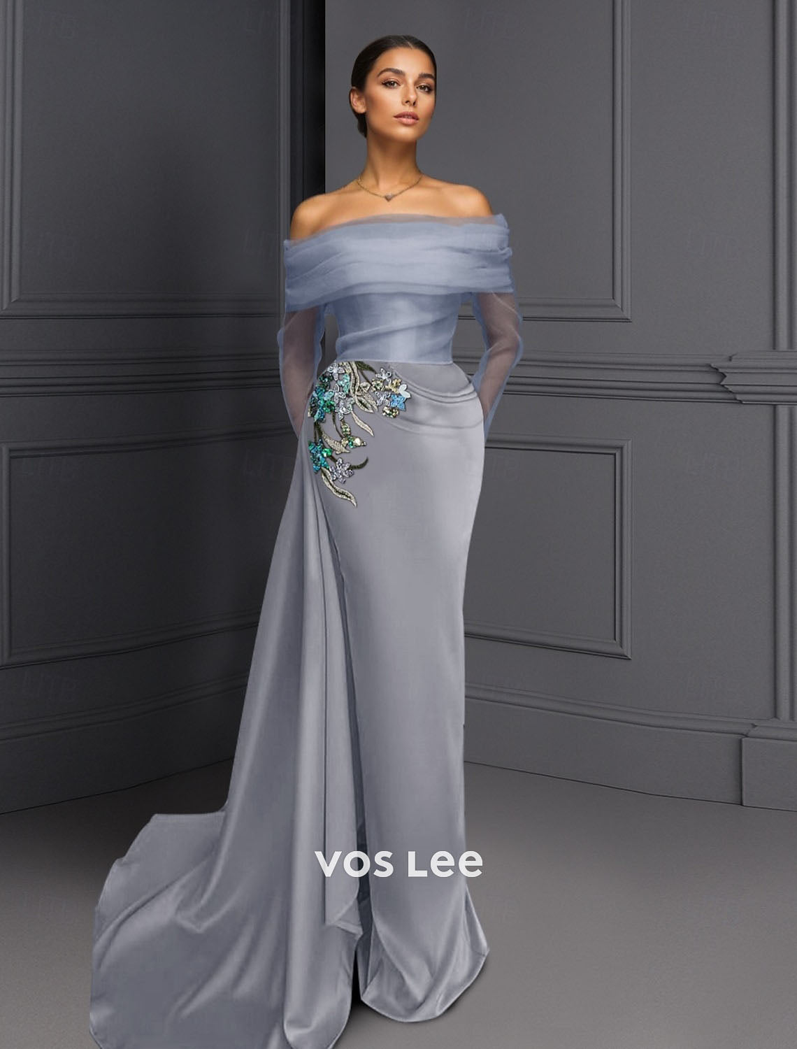 Off-the-Shoulder Mermaid Gown | Sheer Sleeve Crystal Floral Appliqué Evening Dress