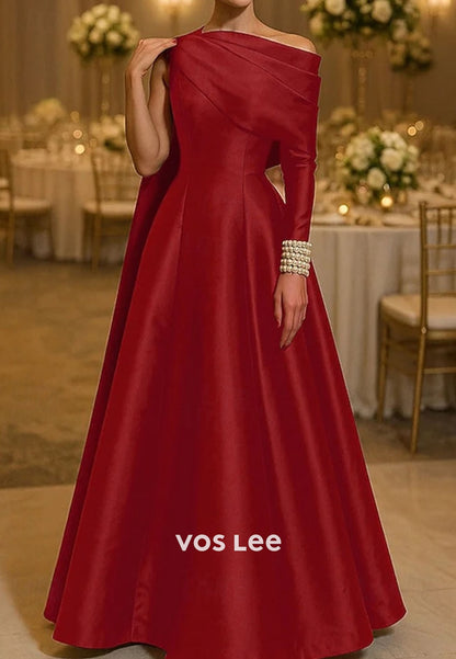 Elegant Off Shoulder Satin Pearls A-Line Floor Length Evening Gown with Cape Formal Dress