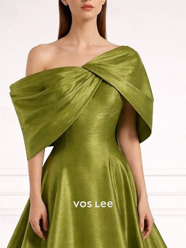 Luxury Duchess Satin Ball Gown | Olive Green One Shoulder Red Carpet Dress