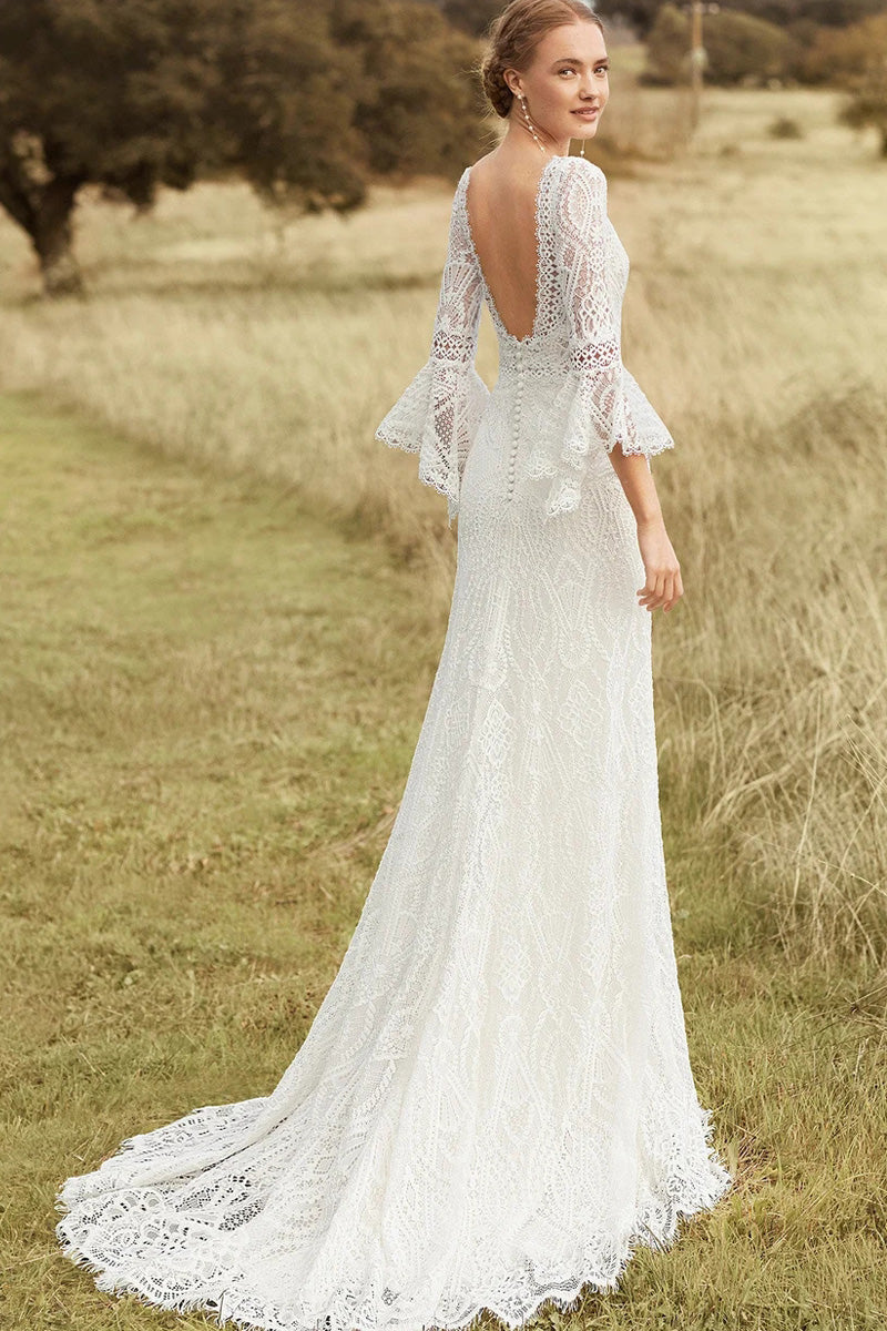A-line Flounce Sleeve Open Back Floor Length Lace Boho Wedding Dress