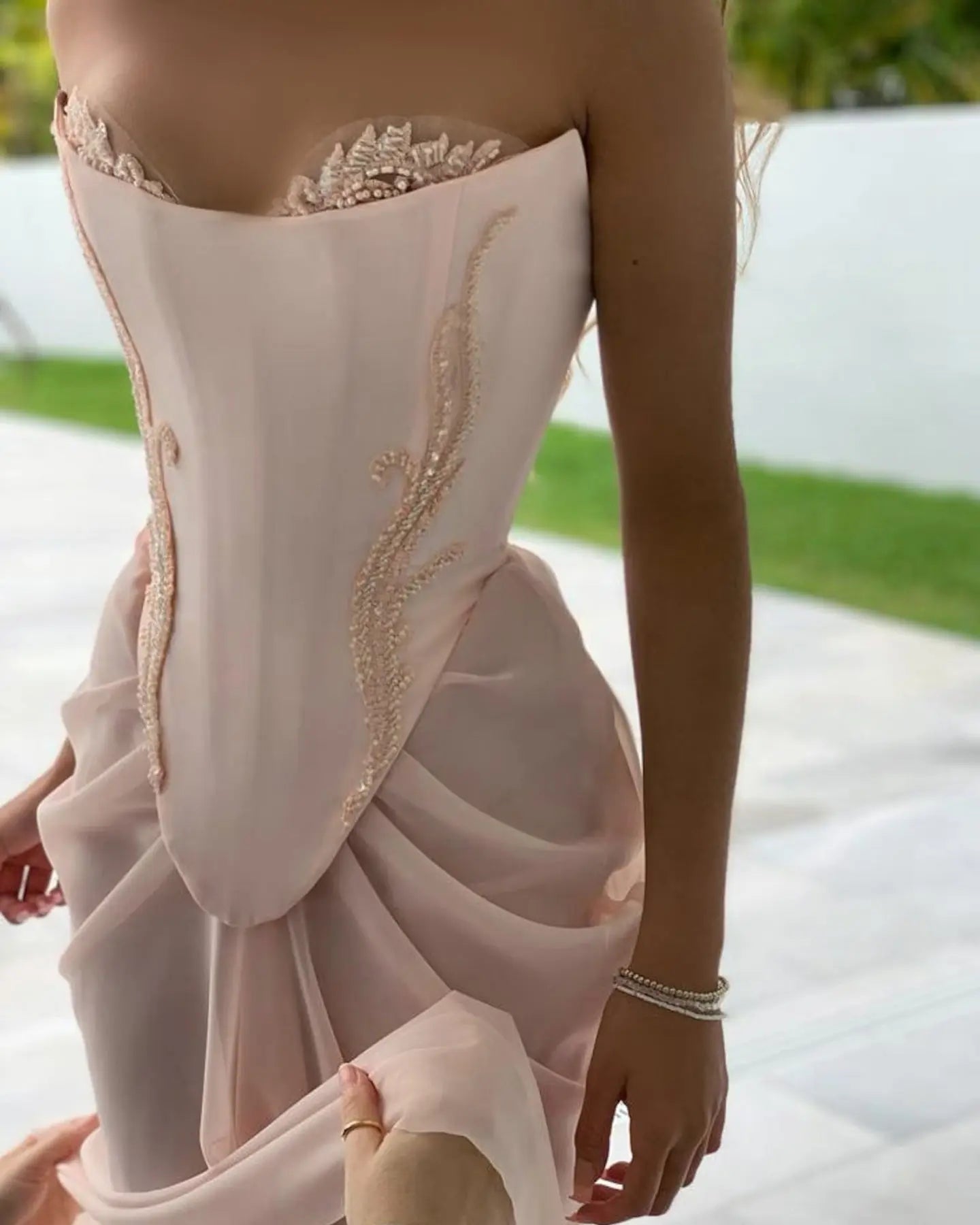 Pink Draped Strapless Chiffon Mermaid Evening Dress