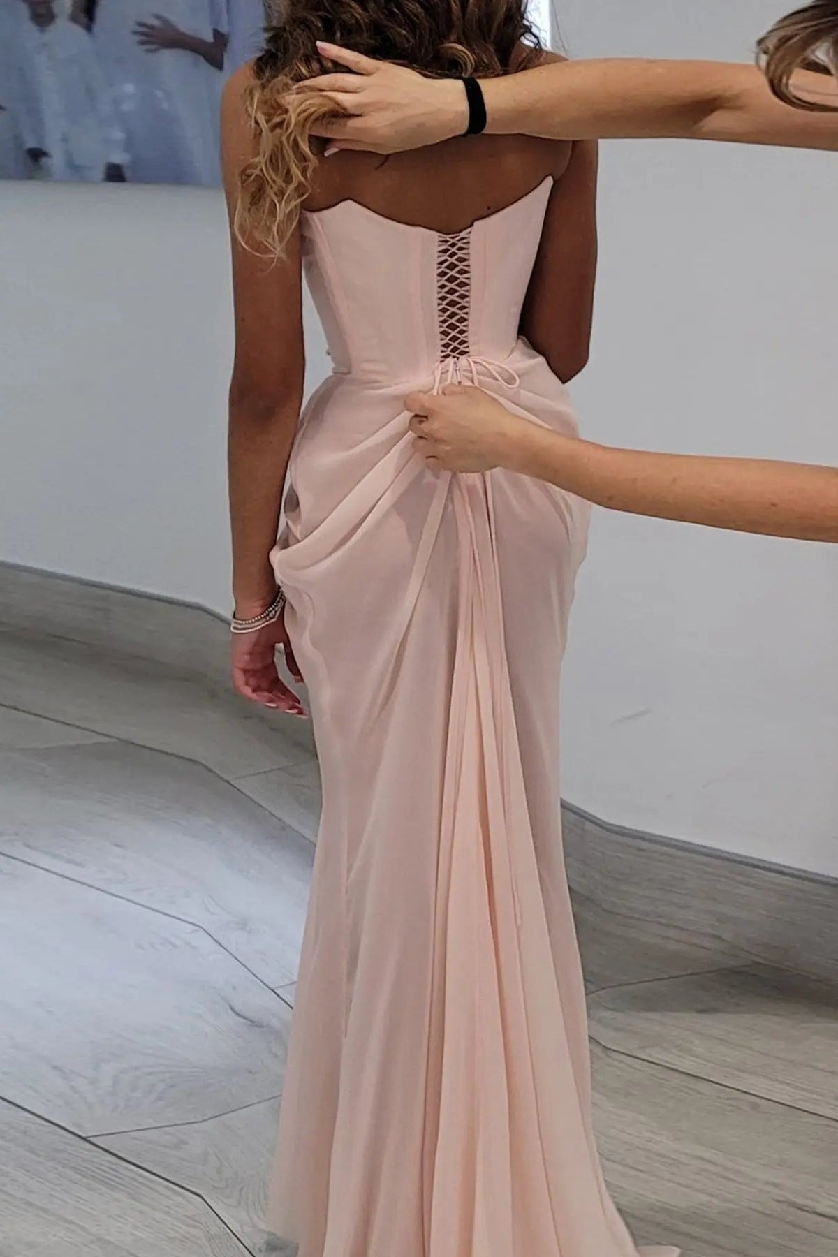 Pink Draped Strapless Chiffon Mermaid Evening Dress
