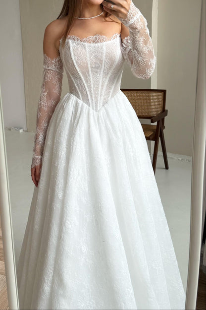 A-Line Beaded Off Shoulder Long Sleeves Lace Wedding Dress