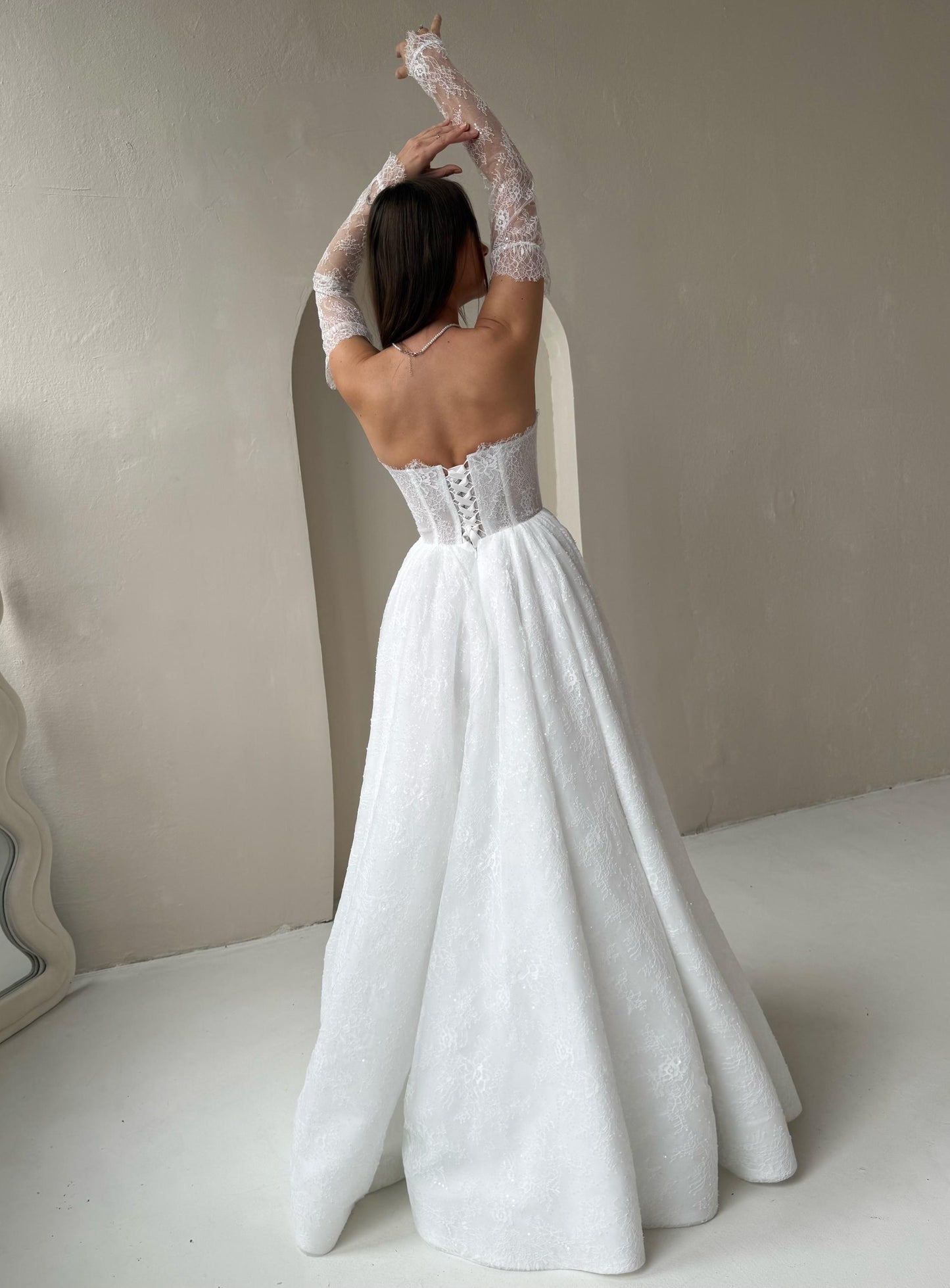 A-Line Beaded Off Shoulder Long Sleeves Lace Wedding Dress