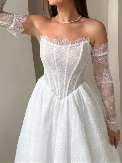 A-Line Beaded Off Shoulder Long Sleeves Lace Wedding Dress