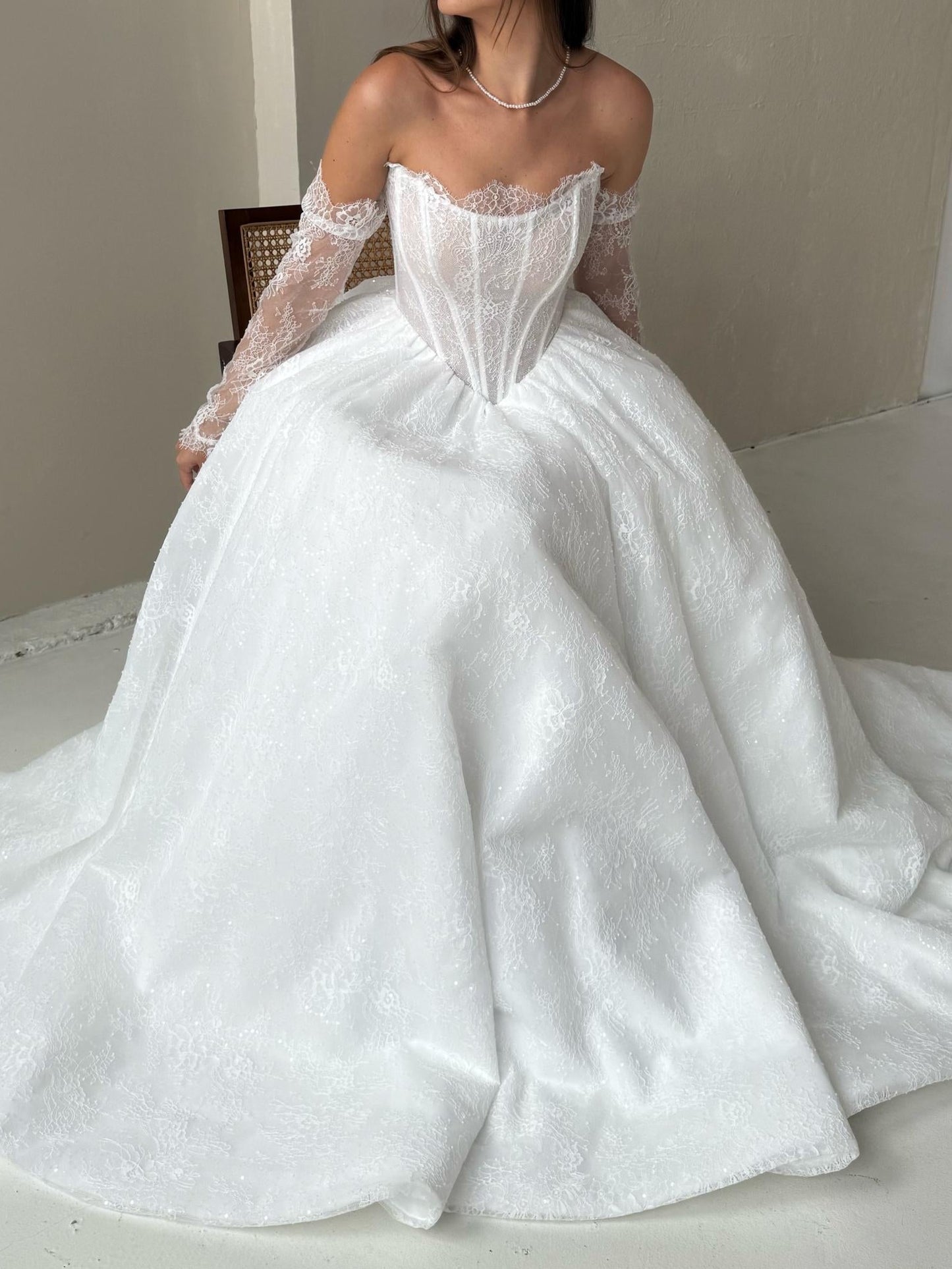 A-Line Beaded Off Shoulder Long Sleeves Lace Wedding Dress