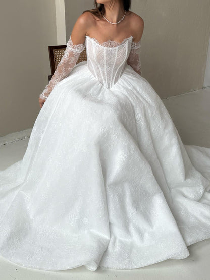 A-Line Beaded Off Shoulder Long Sleeves Lace Wedding Dress