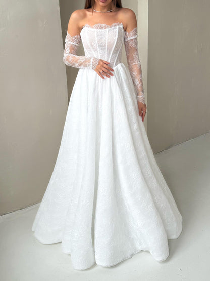 A-Line Beaded Off Shoulder Long Sleeves Lace Wedding Dress
