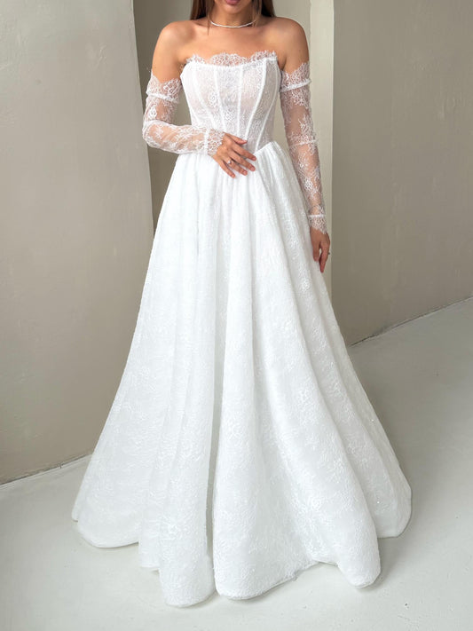 A-Line Beaded Off Shoulder Long Sleeves Lace Wedding Dress
