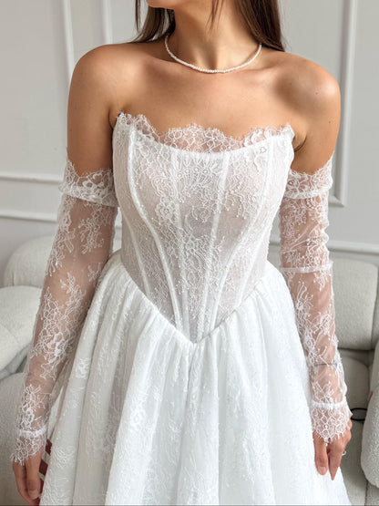 A-Line Beaded Off Shoulder Long Sleeves Lace Wedding Dress