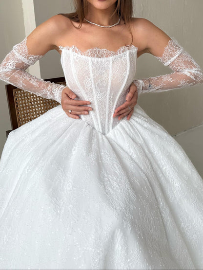 A-Line Beaded Off Shoulder Long Sleeves Lace Wedding Dress