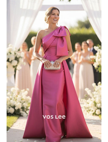 Fuchsia One-Shoulder Mother of the Bride Dress with Oversized Bow | Satin Formal Wedding Gown