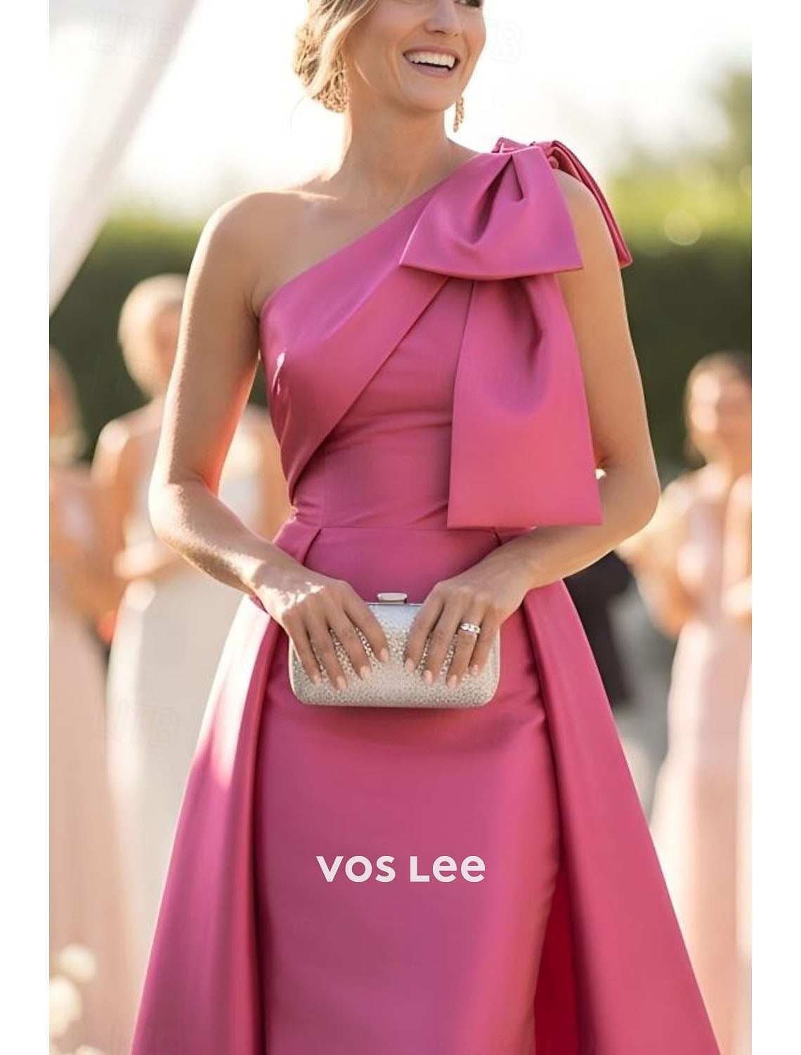 Fuchsia One-Shoulder Mother of the Bride Dress with Oversized Bow | Satin Formal Wedding Gown