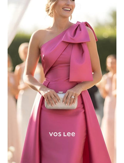 Fuchsia One-Shoulder Mother of the Bride Dress with Oversized Bow | Satin Formal Wedding Gown