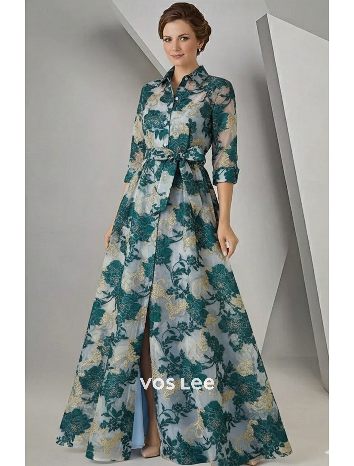 Blush Pink Floral Embroidered Shirt Dress | Belted Waist Rolled Sleeve Maxi Dress with Slit