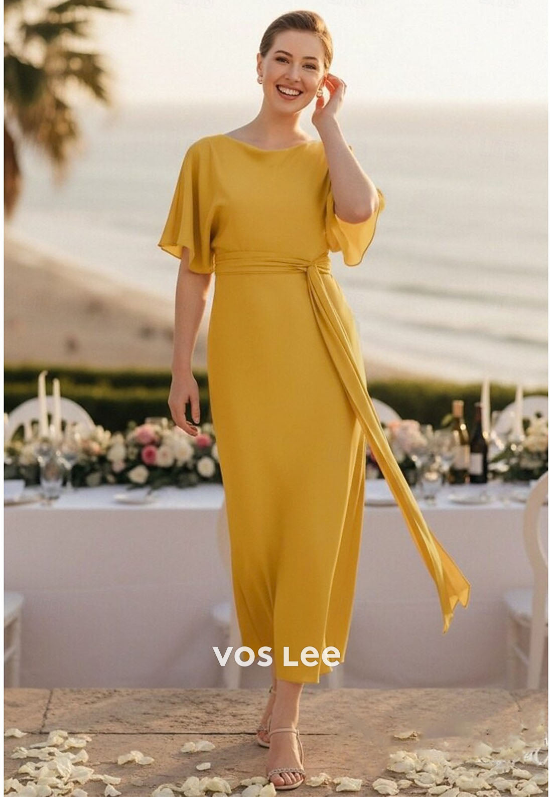 Column Ankle Length Wedding Guest Dress Formal Family Gathering with Sash