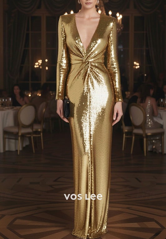 Sequins V Neck Long Sleeve Mermaid Pleat Long Evening Gowns