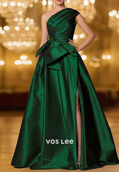 One shoulder A-Line Satin Evening Gown Split Pleat Dress