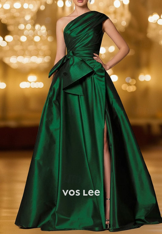 One shoulder A-Line Satin Evening Gown Split Pleat Dress