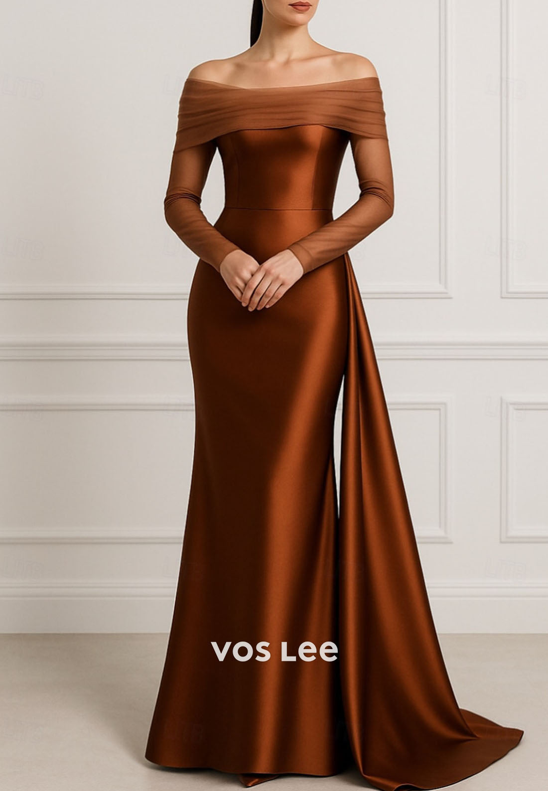 Elegant Sheer Long Sleeve Off Shoulder Sheath Evening Gown Formal Dress