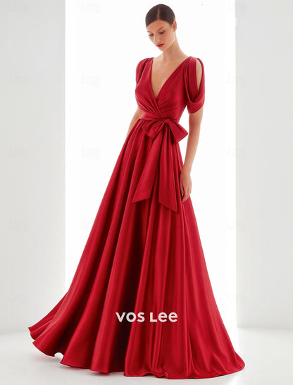 V-Neck A-Line Gown – Cold Shoulder Formal Dress with Sash Belt