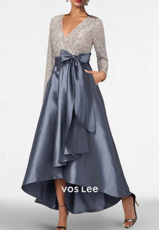 Long Sleeve V-Neck High-Low Dress Sequin Evening Gown  with Satin Bow
