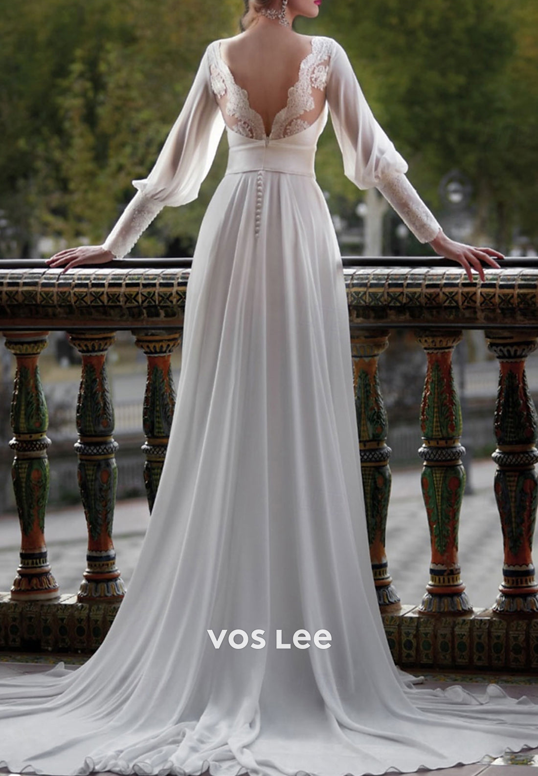 Elegant & Luxurious Long Sleeve V Neck Pleated Sheath Wedding Dresses with High Split