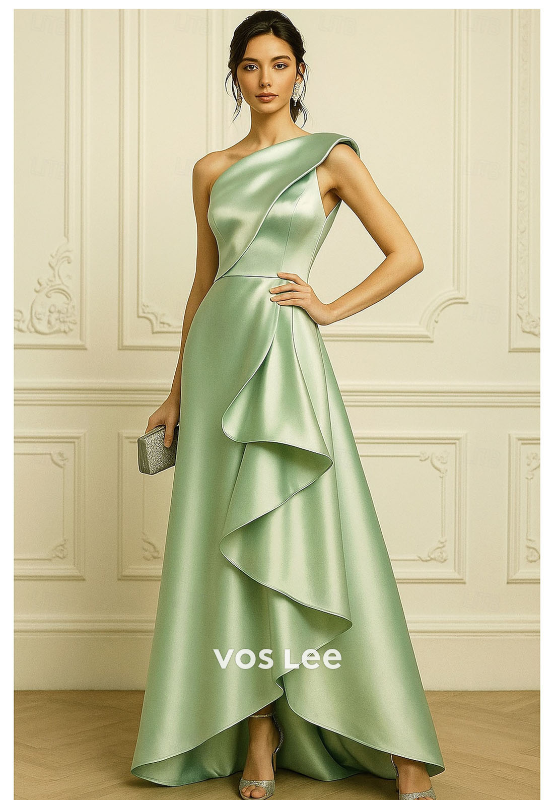 Sage Green One-Shoulder Evening Gown – Asymmetric Ruffled Satin Formal Dress