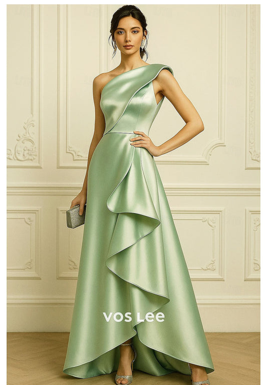 Sage Green One-Shoulder Evening Gown – Asymmetric Ruffled Satin Formal Dress