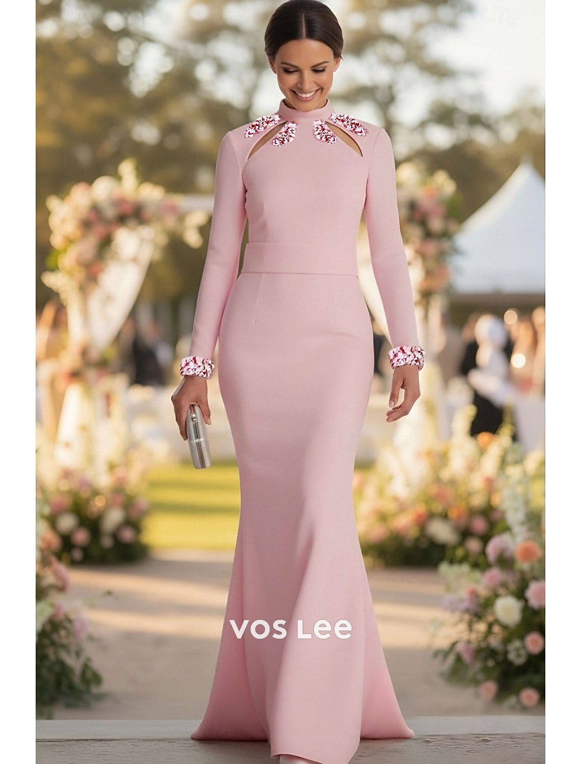 Pink Mermaid Mother of the Bride Dress with Beaded Cutouts | Long Sleeve Formal Wedding Gown