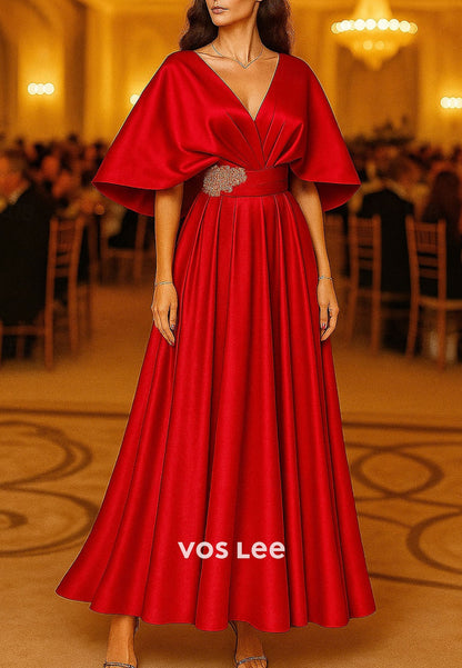 Elegant Pleat A-Line Cap Sleeve Satin Bead Crystals Evening Gown