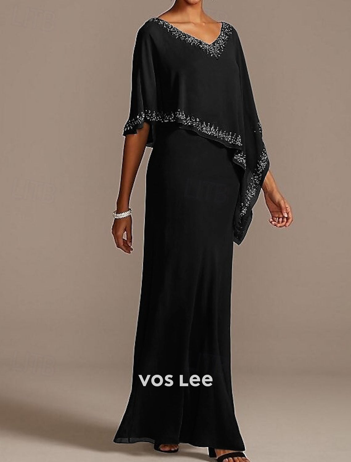 Grey Chiffon Cape Overlay Maxi Dress | Beaded V-Neck Formal Evening Gown