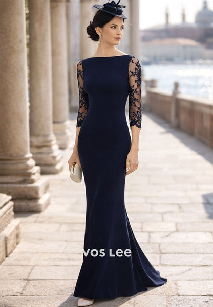 3_4 Length Sleeve Sheath Column Floor Length Wedding Guest Dress