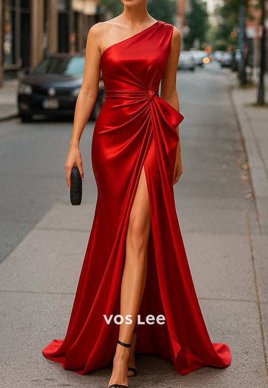 Silky Sleeveless One Shoulder A-Line Evening Gown Formal Dress with Bow(s) Ruched Slit